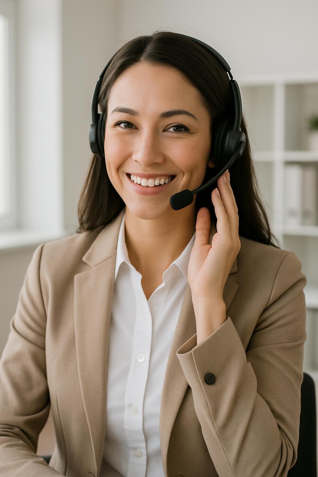 a beautiful woman in business casual attire, smiling and answering phone calls with a headset, friendly and professional atmosphere, suitable for a contact us section for a business website