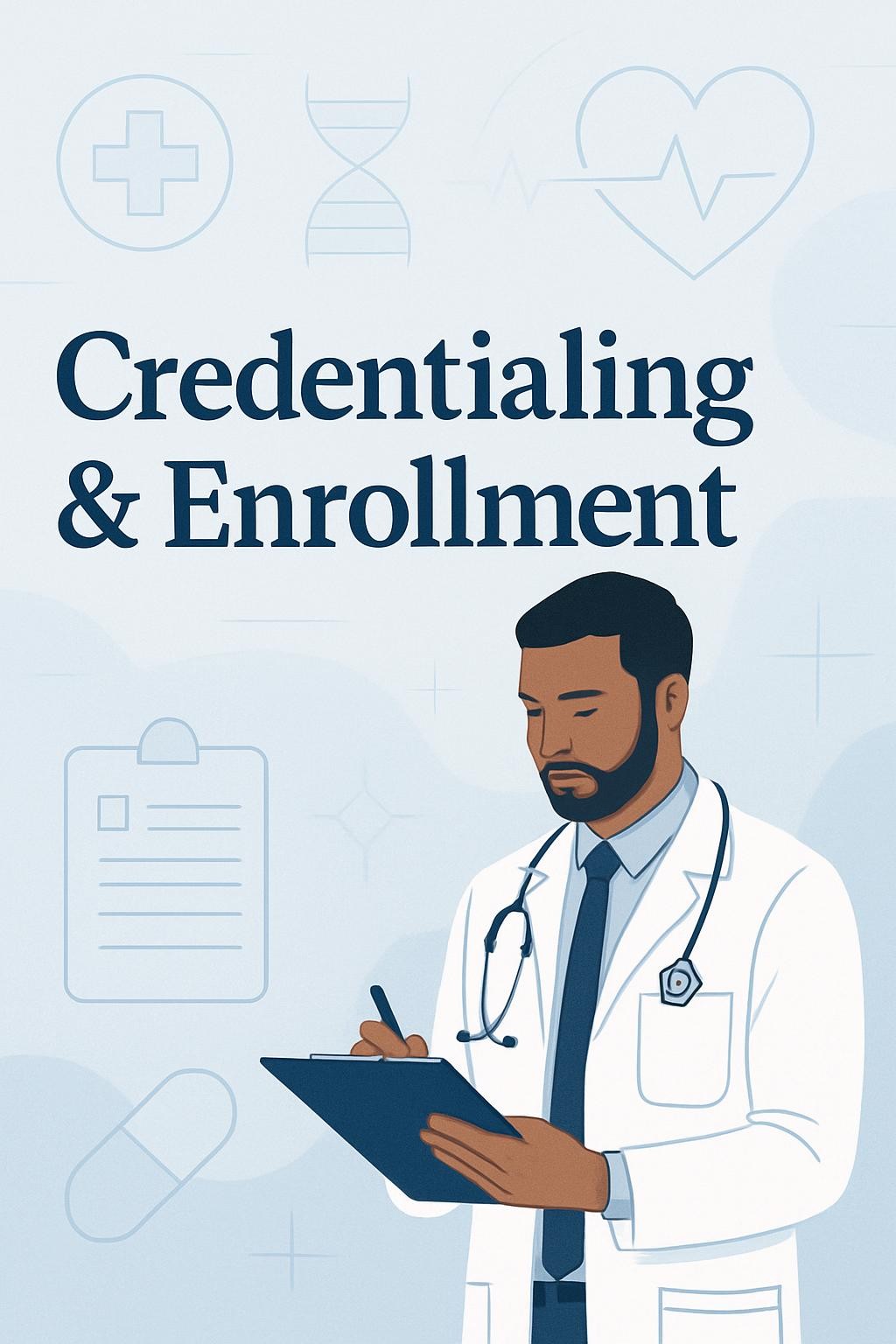 A modern, professional healthcare-themed illustration featuring the text 'Credentialing & Enrollment' in stylish, bold, and attractive lettering. The background should include subtle healthcare-related graphics (such as abstract medical icons, blue and white color palette, clean lines), ensuring both the image and the text stand out and look visually appealing, matching the style of the referenced image.