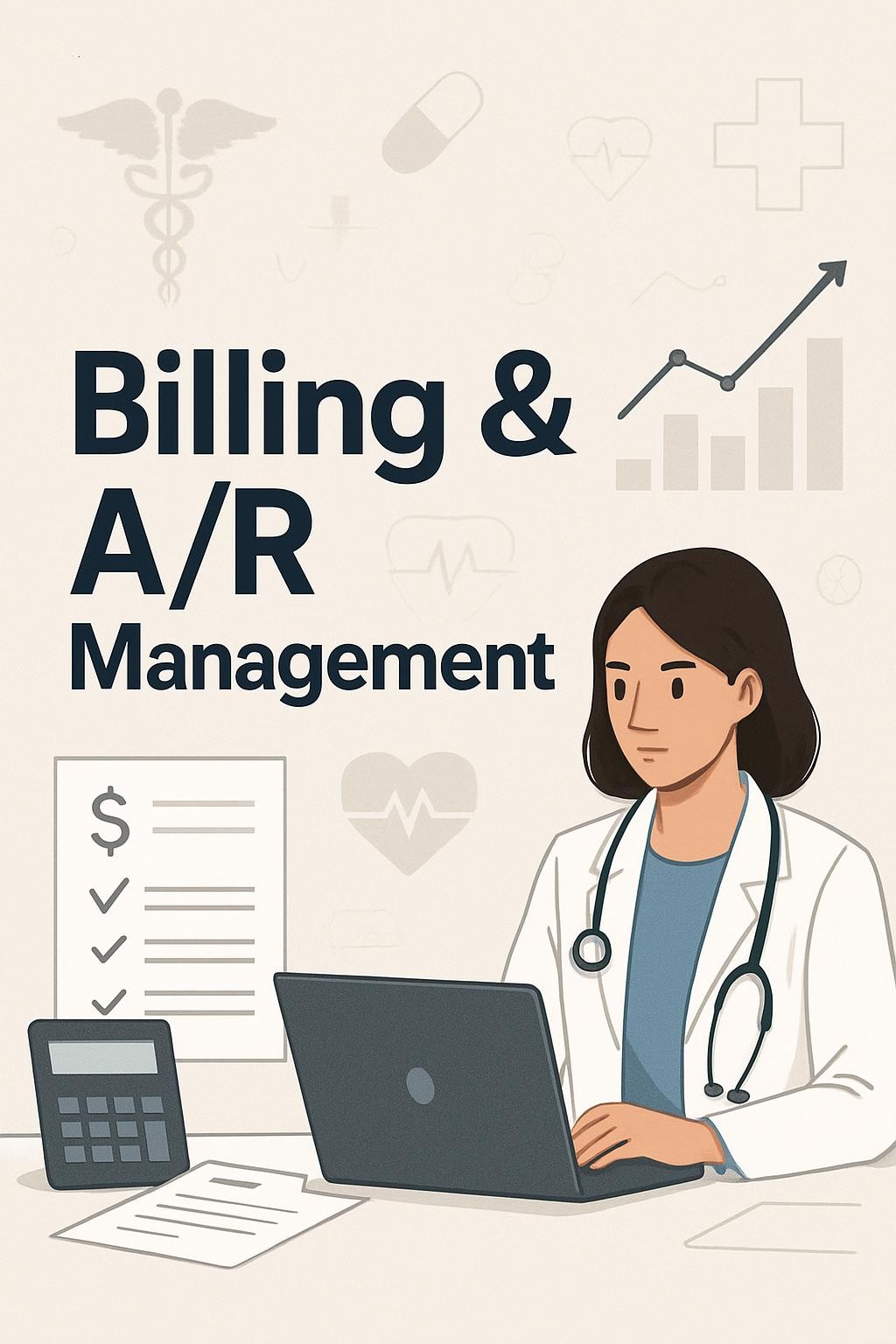 A modern, professional healthcare-themed illustration with the text 'Billing & A/R Management' in stylish, bold, and attractive lettering. Use the same color scheme and style as the original image at https://kramhealthcare.com/wp-content/uploads/2025/08/a-modern-professional-healthcare-themed-illustration-featuring-the-text-dme-billing-in-stylish-bold-and-attractive-lettering.-the-background-should-include-subtle-healthcare-related-grap.jpg, with subtle healthcare-related graphics in the background.