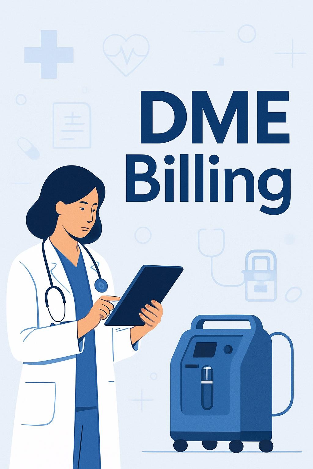 A modern, professional, healthcare-themed illustration featuring the text 'DME Billing' in stylish, bold, and attractive lettering. The background should include subtle healthcare-related graphics (such as abstract medical icons, blue and white color palette, clean lines), ensuring both the image and the text stand out and look visually appealing.