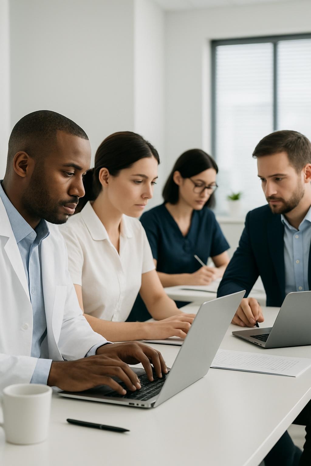 A professional, modern illustration of people working with focus, showing a small group of individuals in a clean workspace collaborating and deeply engaged in their tasks. The setting is ideal for healthcare or business environments, with a sense of concentration and teamwork.