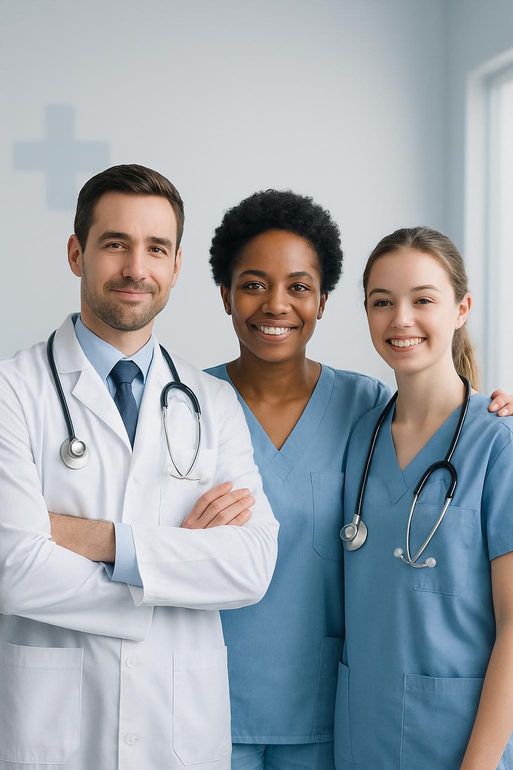 An inspiring, professional image for a company's mission section, featuring the text 'KRAM Healthcare' in a modern, clean style, with subtle healthcare-related visual elements such as a caring team, light blue tones, and an uplifting mood.